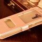 Фирменный чехол-книжка для Huawei Honor 7 золотой с окошком для входящих вызовов и свайпом водоотталкивающий